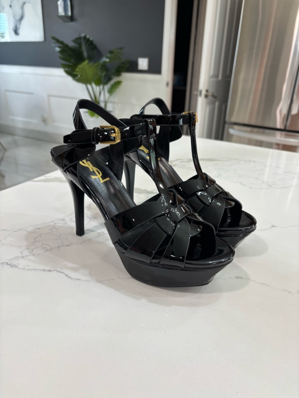 Saint Laurent Black Patent Platform T-Strap Heels with Gold Buckle